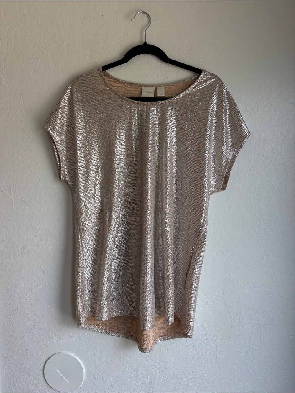 Chico's Metallic Short Sleeve Shine Top  holiday festive